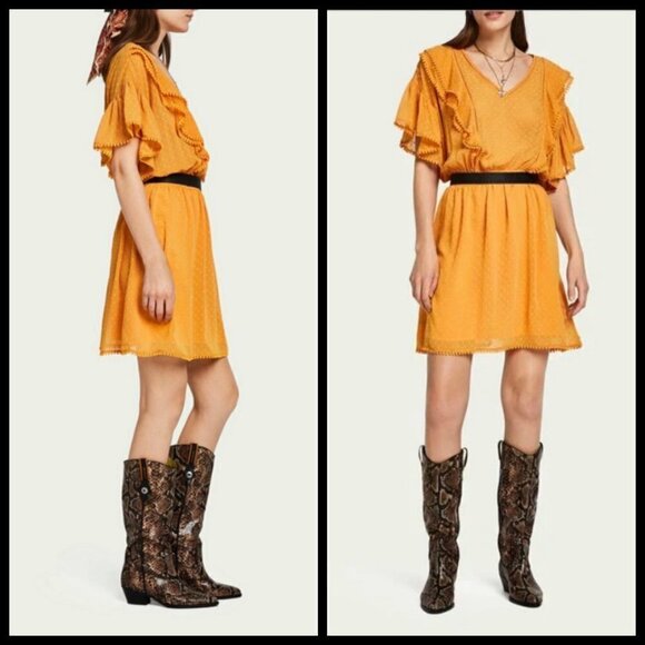 💕SCOTCH & SODA💕 Dotted Lace Ruffled Pom-Pom Dress ~ Yellow Medium NWOT - Picture 4 of 14